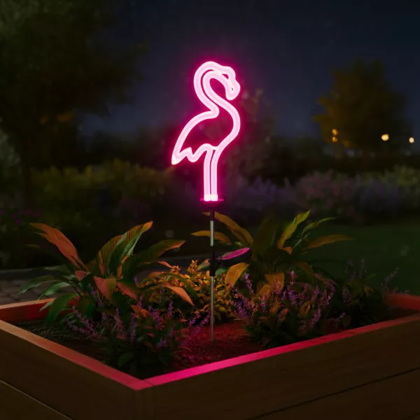 Solarbetriebene Leuchtdekoration zum Einstecken in den Boden (H74 cm) Neon Flamingo