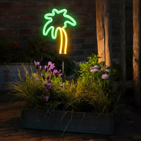 Decoraci�n luminosa Solar para clavar en el suelo (H74 cm) Palmera ne�n Verde