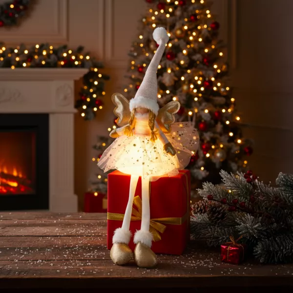 �ngel de Navidad luminoso a pilas (H60 cm) Gladys estrellas Rosa