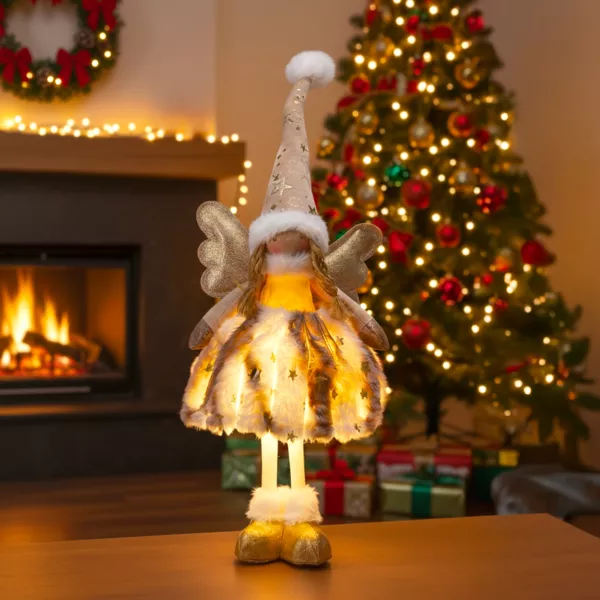 Verlichte Kerstengel op batterijen (H50 cm) Gladys bont Goudkleurig