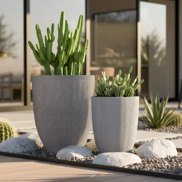 Set van 2 buitenplantenbakken (H57-48 cm) Lennox gestreept Lichtgrijs