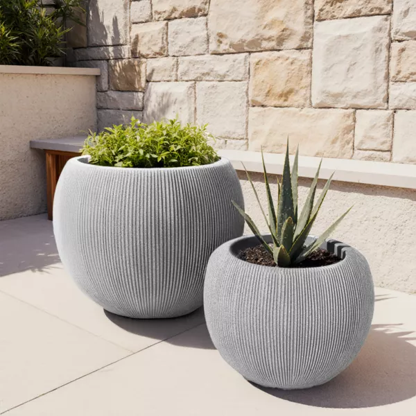 Set di 2 vasi da esterno rotondi (H41-30 cm) Lennox striati Grigio chiaro