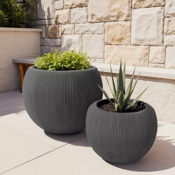 Lote de 2 maceteros redondos de exterior (H41-30 cm) Lennox estriado Gris antracita