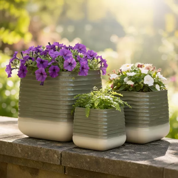 Set di 3 vasi da esterno quadrati (H49-37-27 cm) Jamie Grigio e beige