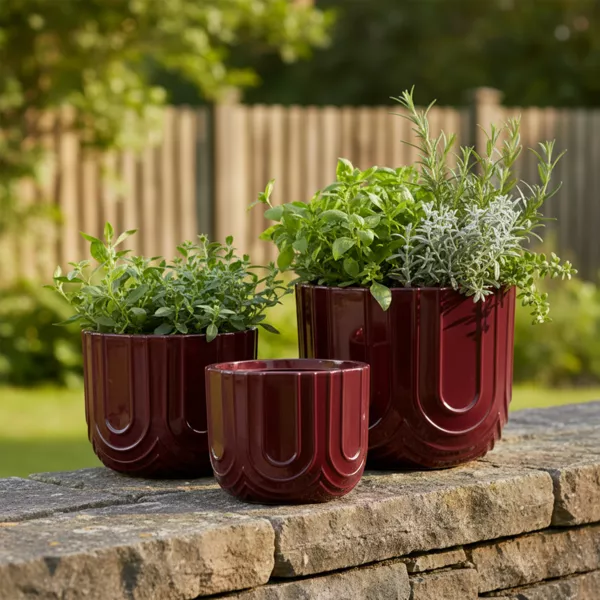 Set von 3 runden Au�en-Blument�pfen (H36-30-24 cm) Milo Bordeaux