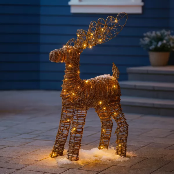 Renna luminosa a pile 50 Micro LED (H55 cm) Rattan Marrone/bianco caldo