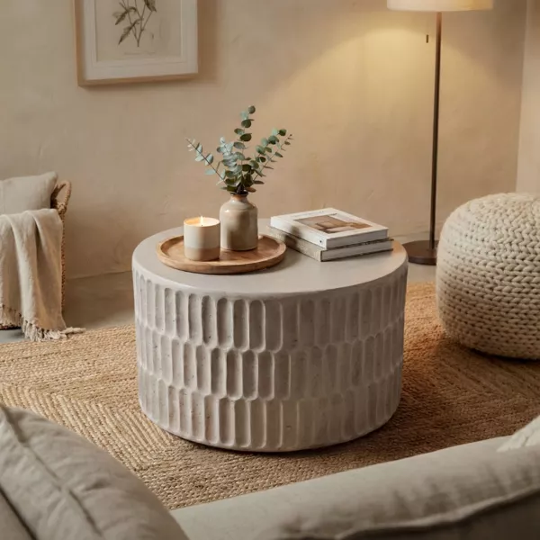 Tavolino rotondo in magnesio ossidato (H42 cm) Bondido Effetto travertino