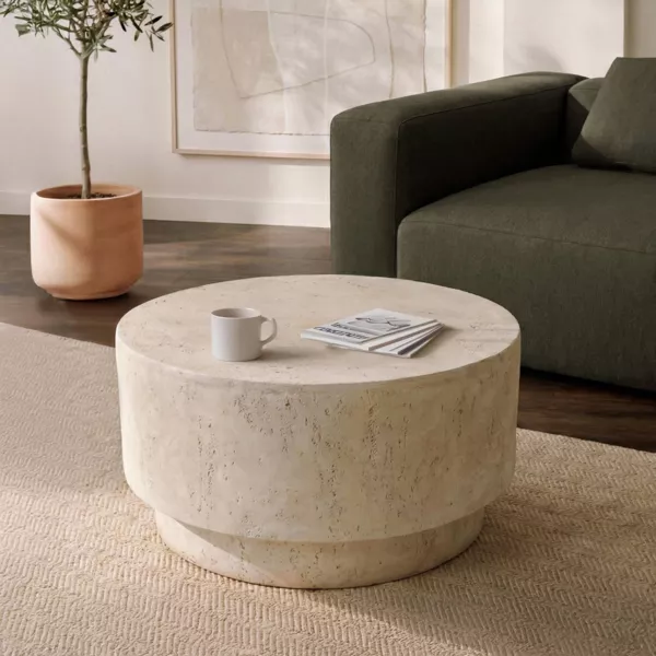 Tavolino tondo in magnesio ossidato (H42 cm) Pliazi Effetto travertino