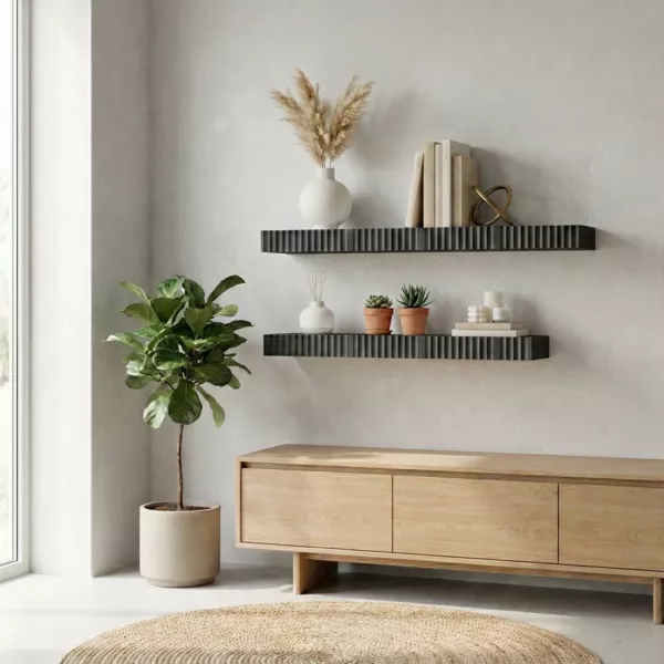 S�t med 2 sorte tr�v�gshylder (L60 cm) Bowi