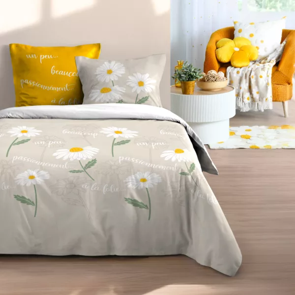 Housse de couette et deux taies d'oreiller coton (240 x 220 cm) Camille Beige