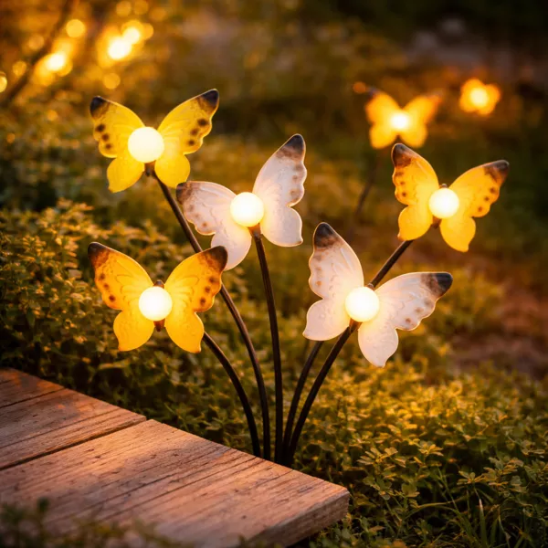 Decoraci�n luminosa Solar para clavar en el suelo (H60 cm) Mariposas Amarillo y blanco c�lido