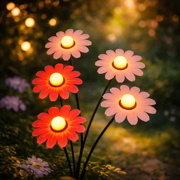 Decoraci�n luminosa Solar para clavar en el suelo (H60 cm) Margaritas Rojo y blanco c�lido