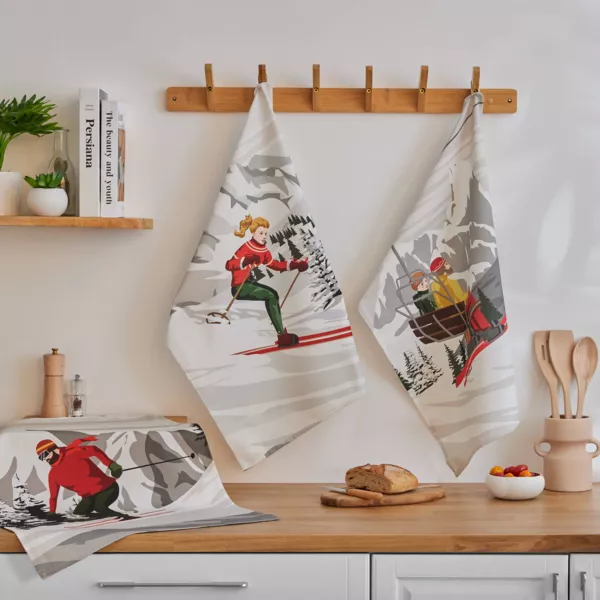 Set von 3 Geschirrt�chern aus Baumwolle (50 x 70 cm) Skis Mehrfarbig