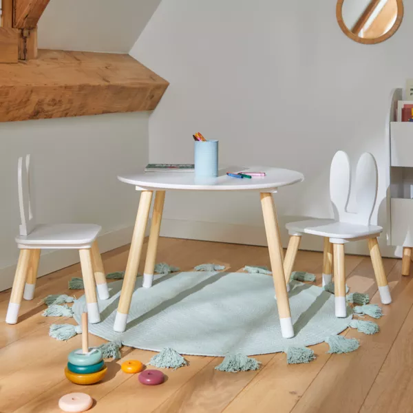 Table et 2 chaises enfant bois lapin (H44 cm) Lila Blanc