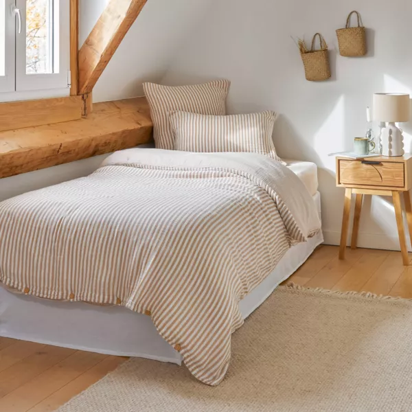 Bomuldsgas dynebetræk (140 x 200 cm) Gaïa striber Ficelle