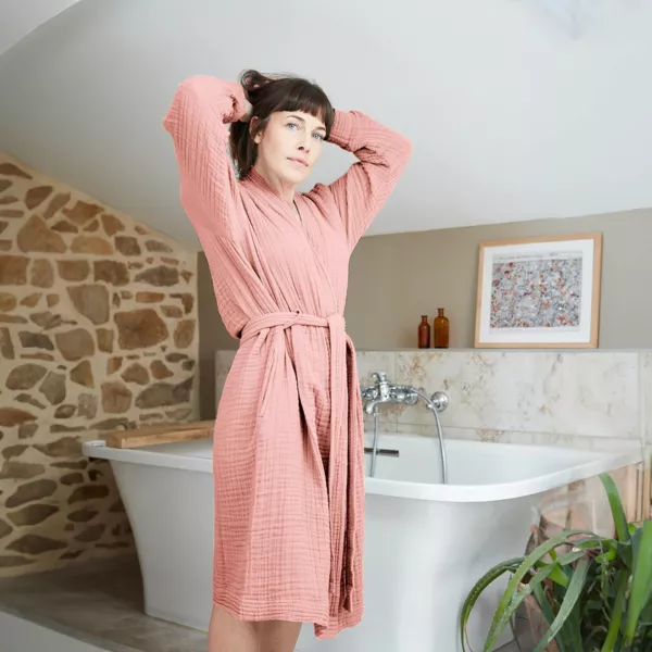 Peignoir de bain gaze de coton S/M Ga�a Rose p�che