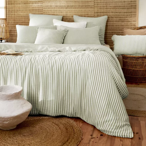 Housse de couette gaze de coton (240 x 220 cm) Ga�a rayures Vert eucalyptus 