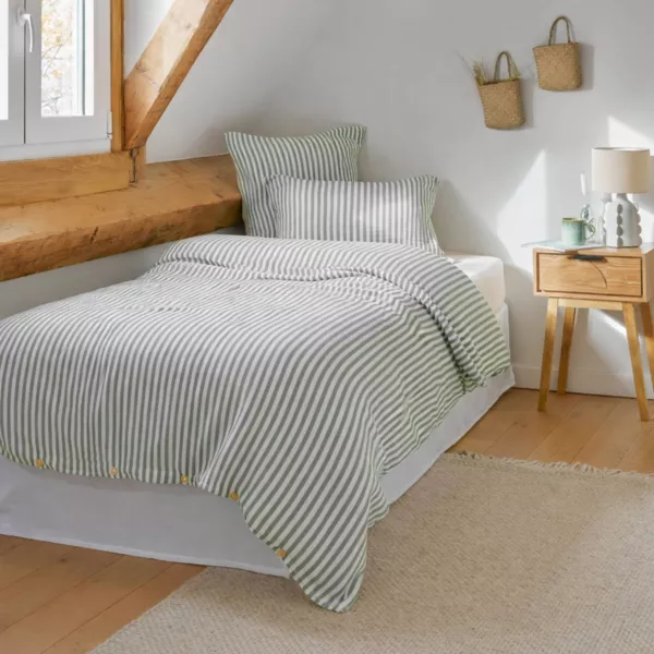 Baumwoll-Gaze Bettbezug (140 x 200 cm) Ga�a Streifen Eukalyptusgr�n