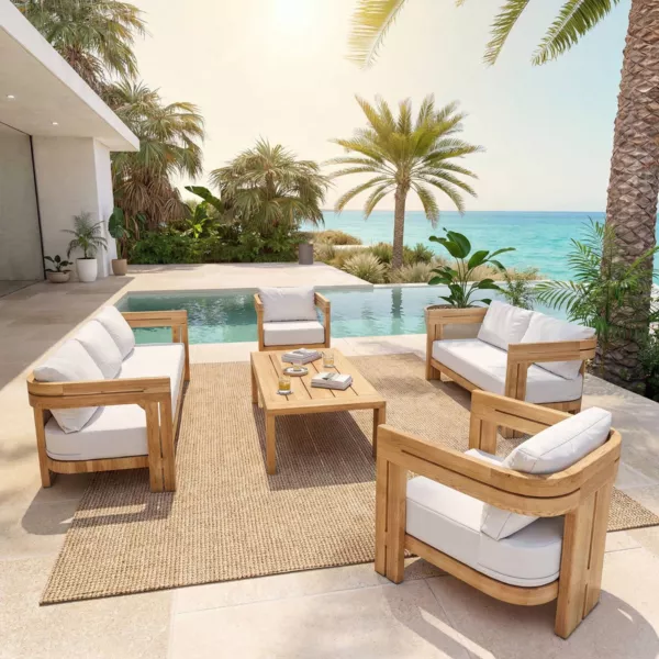 Salon de jardin en bois teck 7 places 5 pcs Zanzibar �cru