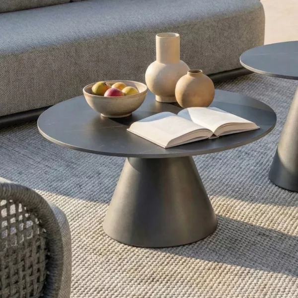 Table basse de jardin ronde en c�ramique (D81 cm) Riviera Gris anthracite