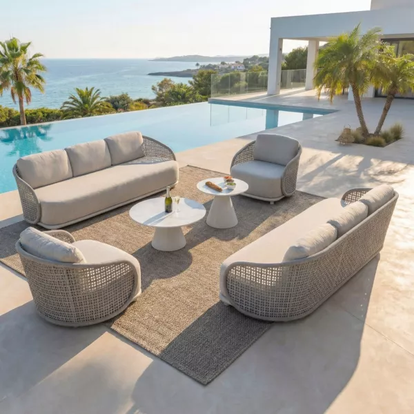 Salon de jardin effet rotin et aluminium 8 places 6 pcs Riviera Beige