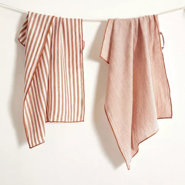 Lote de 2 pa�os de cocina de gasa de algod�n (50 x 70 cm) Ga�a rayas Albaricoque