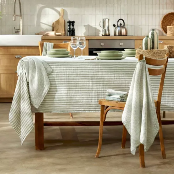 Nappe rectangulaire gaze de coton (150 x 350 cm) Ga�a rayures Vert eucalyptus