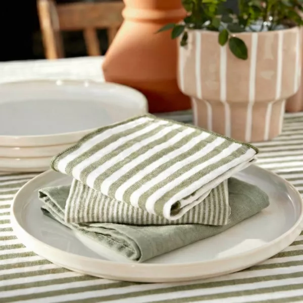 Set di 3 asciugamani in garza di cotone (40 x 40 cm) Ga�a a righe Verde eucalipto