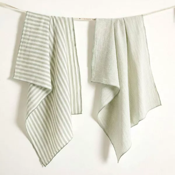 Lot de 2 essuie-main gaze de coton (50 x 70 cm) Ga�a rayures Vert eucalyptus