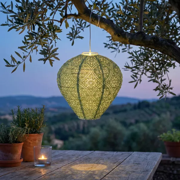 L�mpara colgante solar para jard�n (H28 cm) Farolillo calado Verde Pino