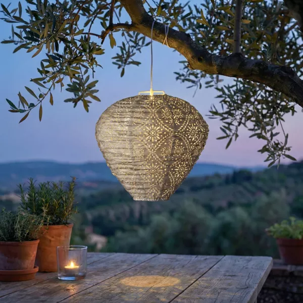 Solar H�ngelampe f�r den Garten (H28 cm) Durchbrochene Laterne Hellbraun