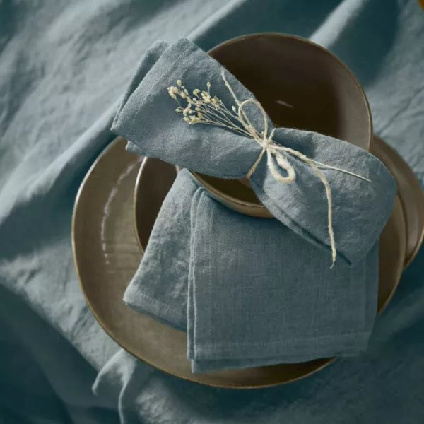 Set van 3 gewassen linnen servetten (40 x 40 cm) Louise Azuurblauw