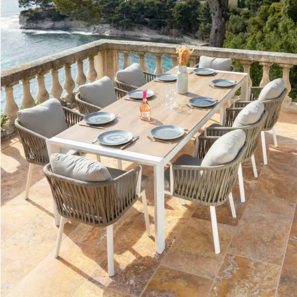 Mesa de jard�n extensible de aluminio para 10 personas (180/240 x 96 cm) Amalfi Blanco y madera