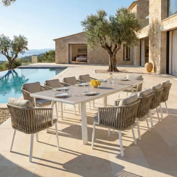 Table de jardin extensible automatique en aluminium 10 places (200/260 x 96 cm) Amalfi Blanc et taupe