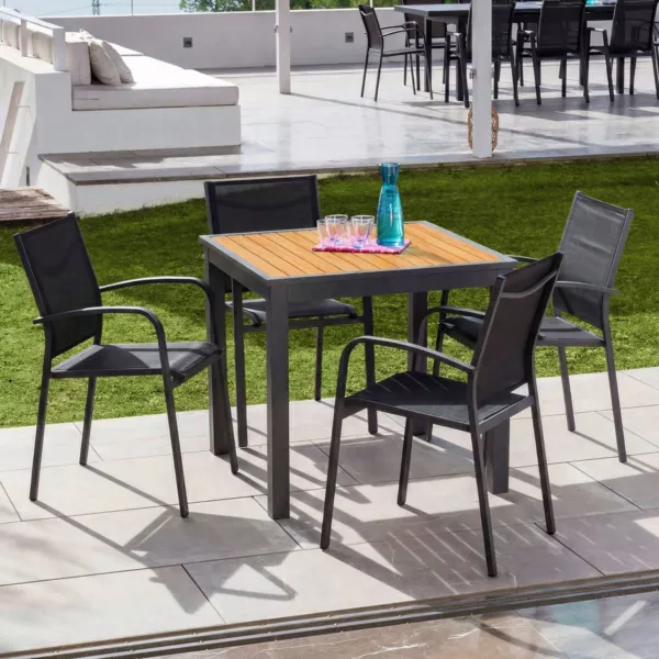 Table de jardin carr�e en aluminium 4 places (89 x 89 cm) Murano Gris anthracite et effet bois