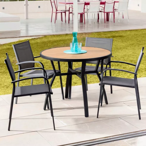 Table de jardin ronde en aluminium 5 places (D105 cm) Murano Gris anthracite et effet bois