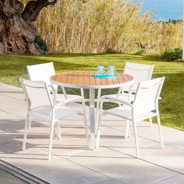 Ronde aluminium tuin tafel 5 plaatsen (D105 cm) Murano Wit en houteffect