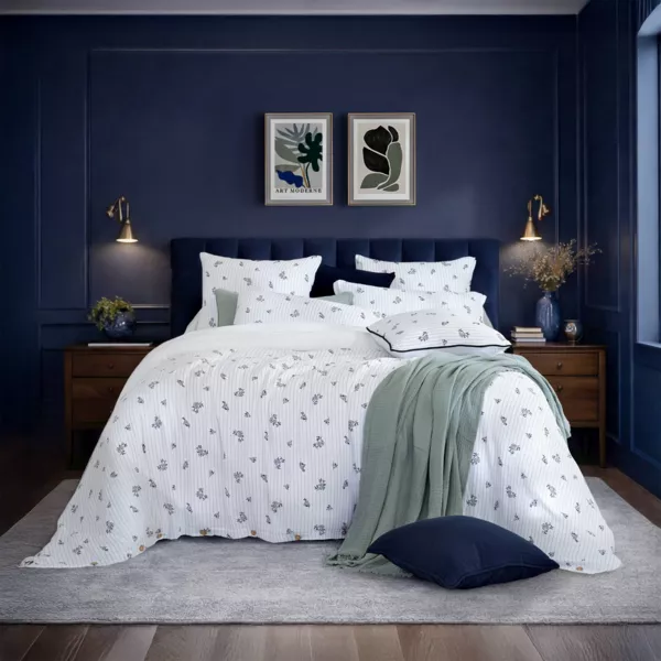 Housse de couette r�versible gaze de coton (200 x 200 cm) Ga�a Iris Bleue