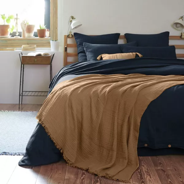 Bomuldsgasplaid (180 x 220 cm) Gaïa Camel