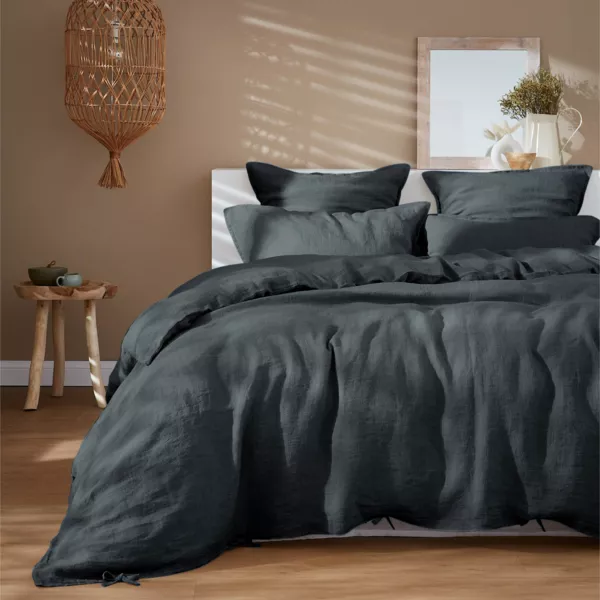 Housse de couette lin lav� (280 x 240 cm) Louise Gris Ardoise