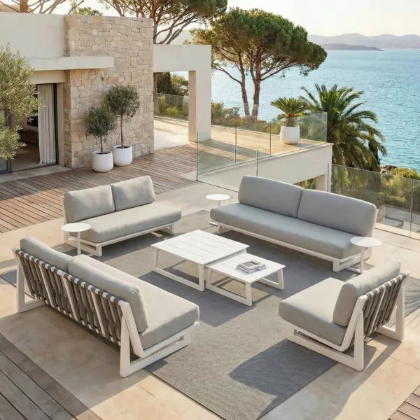 Loungeset van aluminium voor 7 personen 6-delig Long Beach Ash White en Beige