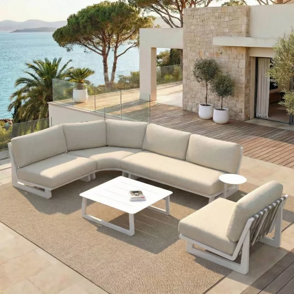 Set angolare da giardino in alluminio 5 posti 5 pezzi Long Beach Bianco cenere e beige
