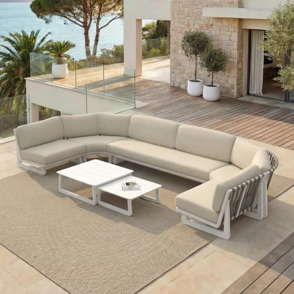 Set angolare da giardino in alluminio 7 posti 7 pezzi Long Beach Bianco cenere e beige