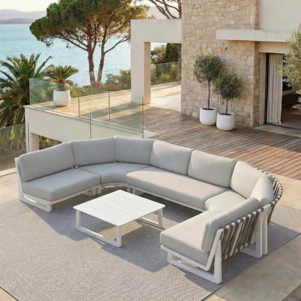 Set angolare da giardino in alluminio 6 posti Long Beach Bianco cenere e grigio chiaro