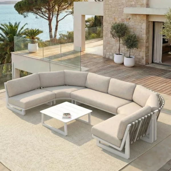 Set angolare da giardino in alluminio 6 posti Long Beach Bianco cenere e beige