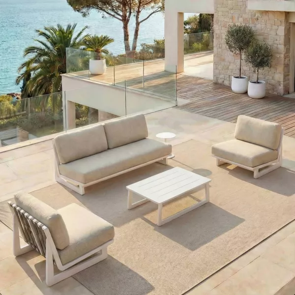 Set da giardino in alluminio 4 posti 4 pezzi Long Beach Bianco cenere e beige