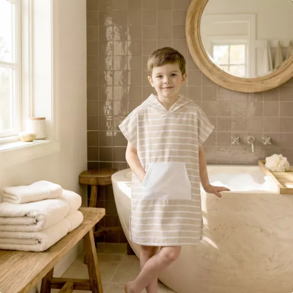 B�rne badeponcho i bomuld og frott� 2/5 �r Sand Beige