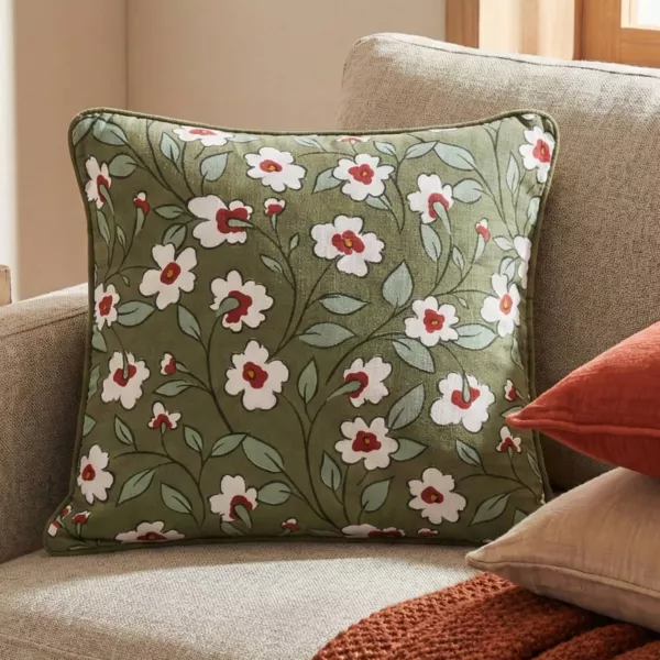 Coussin carr� gaze de coton (45 x 45 cm) Ga�a marguerite Vert romarin