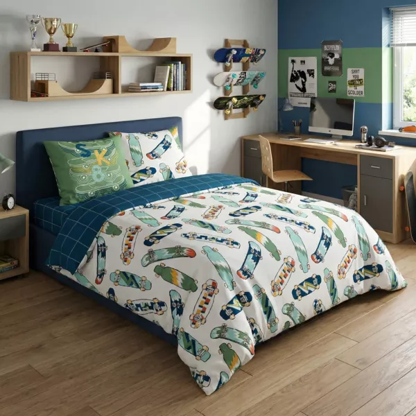 Housse de couette et deux taies enfant coton (240 x 220 cm) California Bleu