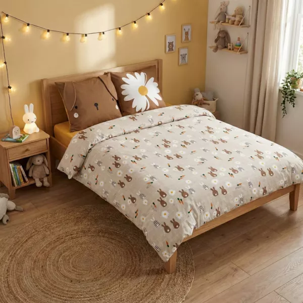 Housse de couette et deux taies enfant coton (240 x 220 cm) Pompon Marron